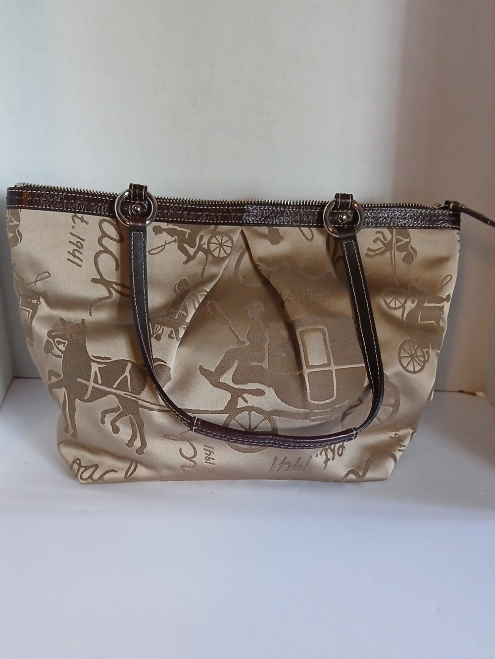 Coach Satin Tote in Beige with Dark Brown Trim